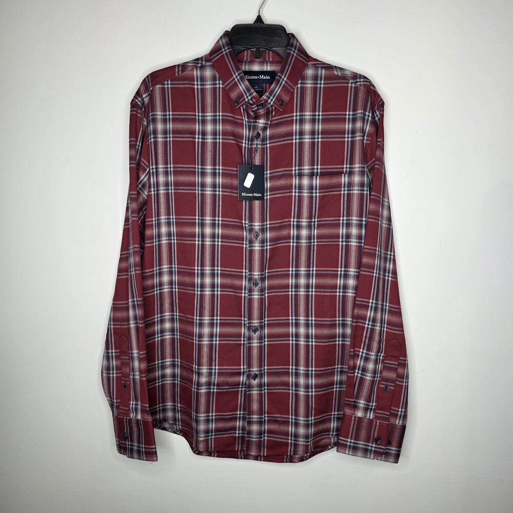 Mizzen + Main Mens City Flannel Button Up Shirt L Trim Garnet Thomas Twill Plaid